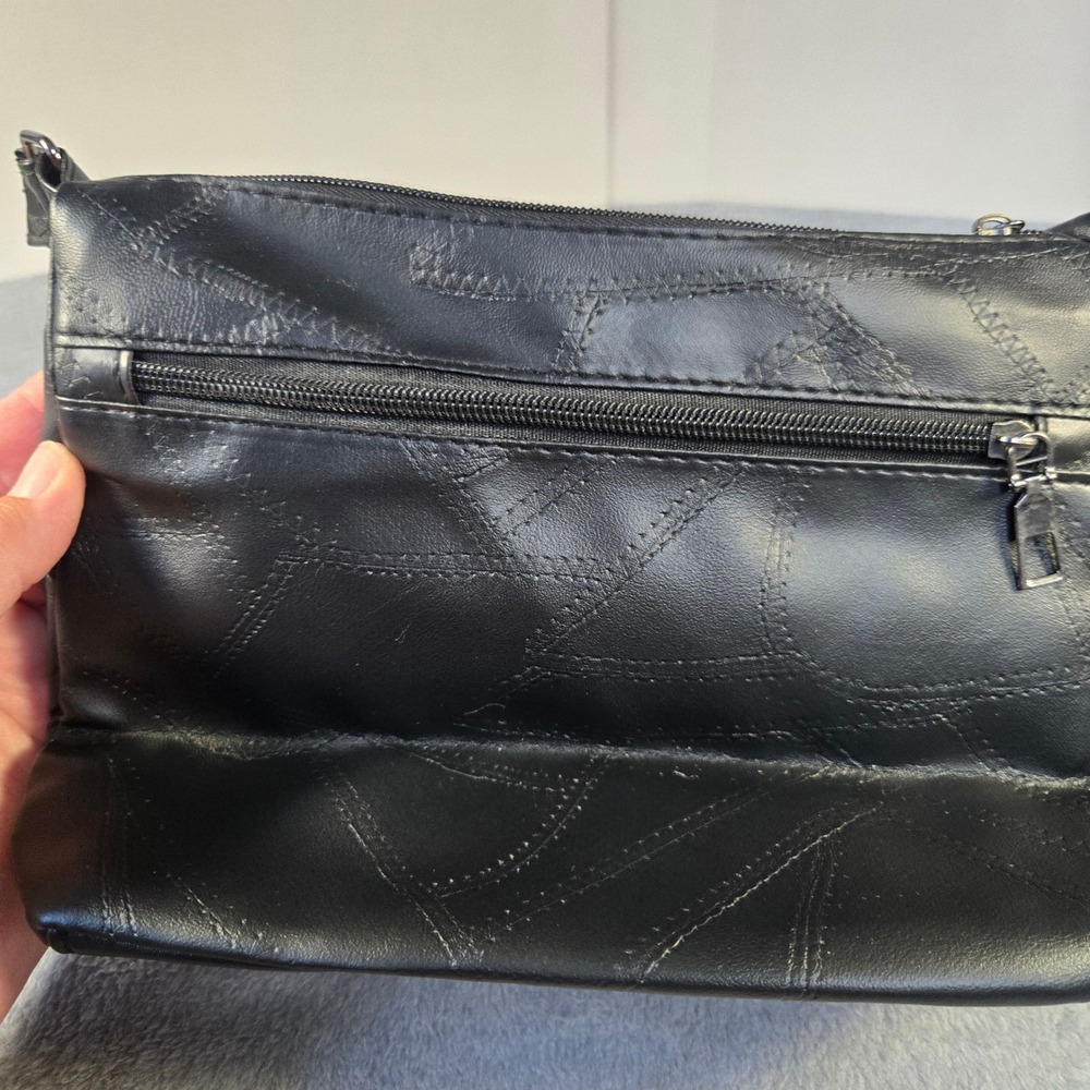Jingpin Black‎ Faux Leather Floral Embroidered Crossbody Bag Patchwork Stitching